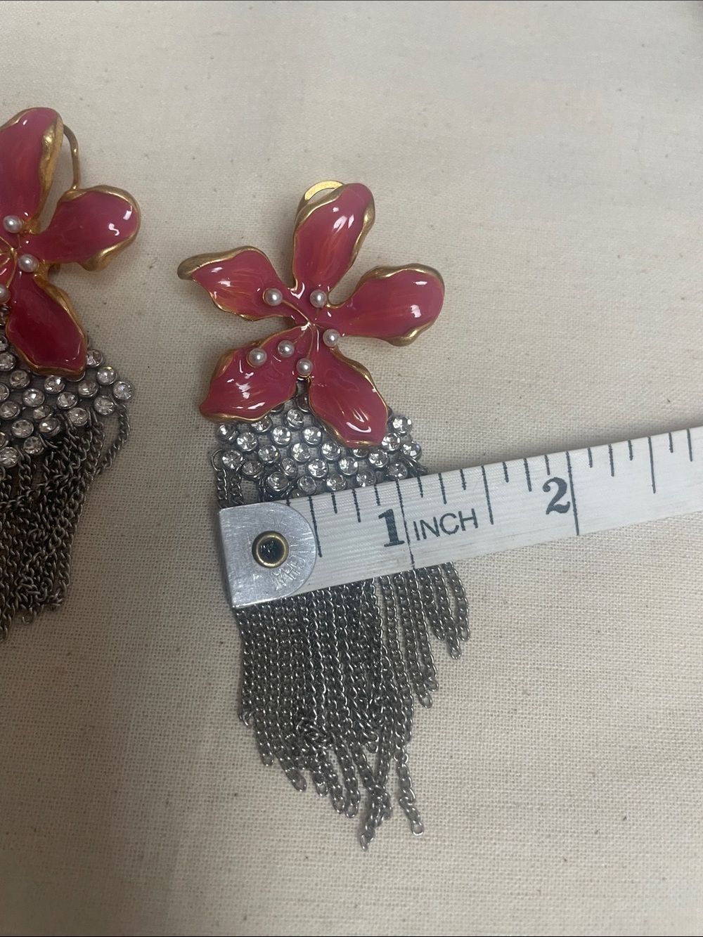 Vintage Coral Floral Earring w/ Cascade Rhinestones - Picture 7 of 7